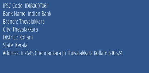 Indian Bank Thevalakkara Branch Kollam IFSC Code IDIB000T061