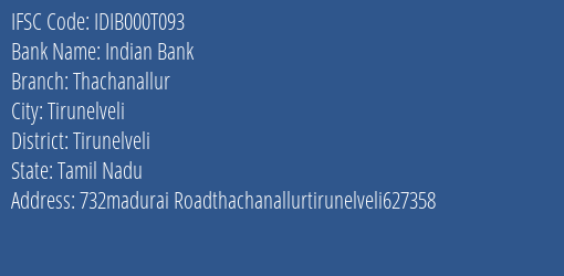 Indian Bank Thachanallur Branch Tirunelveli IFSC Code IDIB000T093