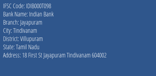 Indian Bank Jayapuram Branch Villupuram IFSC Code IDIB000T098