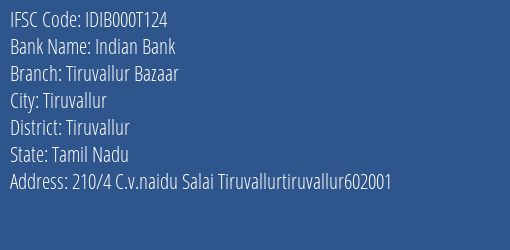 Indian Bank Tiruvallur Bazaar Branch Tiruvallur IFSC Code IDIB000T124