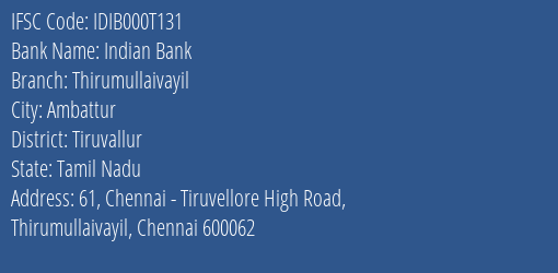 Indian Bank Thirumullaivayil Branch Tiruvallur IFSC Code IDIB000T131