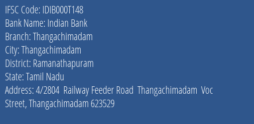 Indian Bank Thangachimadam Branch Ramanathapuram IFSC Code IDIB000T148