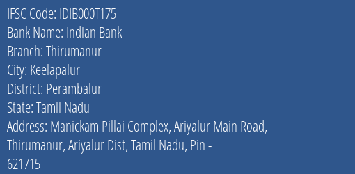 Indian Bank Thirumanur Branch Perambalur IFSC Code IDIB000T175