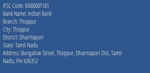 Indian Bank Thoppur Branch Dharmapuri IFSC Code IDIB000T181