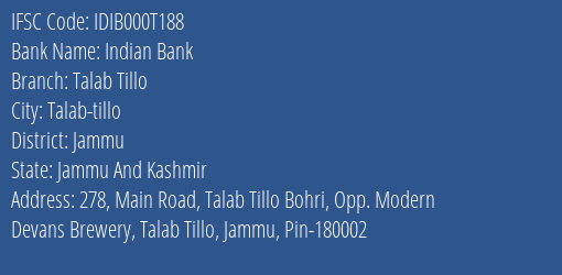 Indian Bank Talab Tillo Branch Jammu IFSC Code IDIB000T188