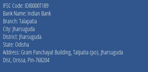 Indian Bank Talapatia Branch Jharsuguda IFSC Code IDIB000T189