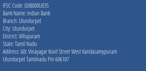 Indian Bank Ulundurpet Branch Villupuram IFSC Code IDIB000U035