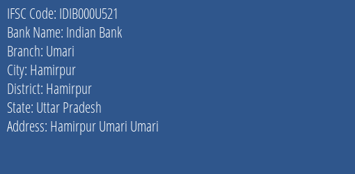 Indian Bank Umari Branch Hamirpur IFSC Code IDIB000U521