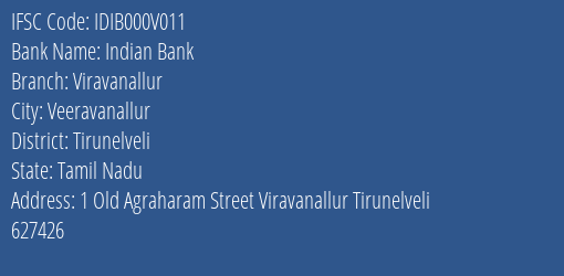 Indian Bank Viravanallur Branch Tirunelveli IFSC Code IDIB000V011