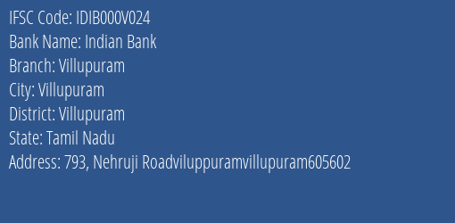 Indian Bank Villupuram Branch Villupuram IFSC Code IDIB000V024