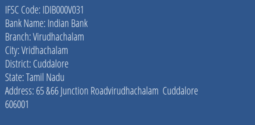 Indian Bank Virudhachalam Branch Cuddalore IFSC Code IDIB000V031