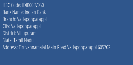 Indian Bank Vadaponparappi Branch Villupuram IFSC Code IDIB000V050