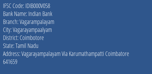 Indian Bank Vagarampalayam Branch Coimbotore IFSC Code IDIB000V058