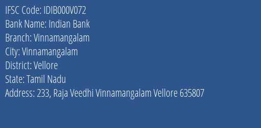 Indian Bank Vinnamangalam Branch Vellore IFSC Code IDIB000V072