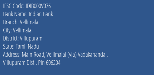 Indian Bank Vellimalai Branch Villupuram IFSC Code IDIB000V076