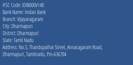 Indian Bank Vijayanagaram Branch Dharmapuri IFSC Code IDIB000V140