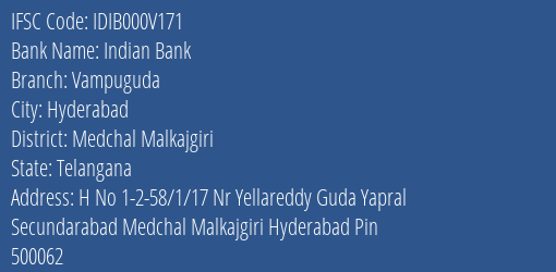 Indian Bank Vampuguda Branch Medchal Malkajgiri IFSC Code IDIB000V171