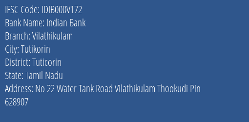Indian Bank Vilathikulam Branch Tuticorin IFSC Code IDIB000V172