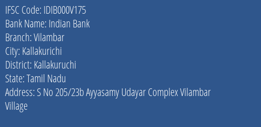 Indian Bank Vilambar Branch Kallakuruchi IFSC Code IDIB000V175