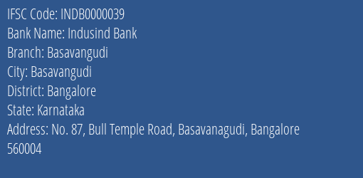Indusind Bank Basavangudi Branch Bangalore IFSC Code INDB0000039