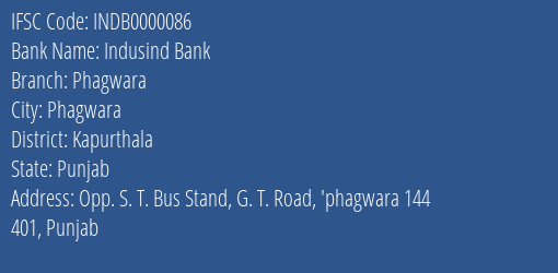 Indusind Bank Phagwara Branch Kapurthala IFSC Code INDB0000086