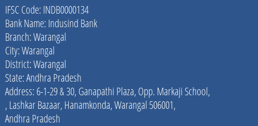 Indusind Bank Warangal Branch, Branch Code 000134 & IFSC Code Indb0000134