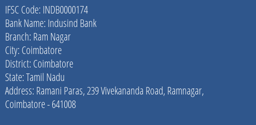 Indusind Bank Ram Nagar Branch Coimbatore IFSC Code INDB0000174