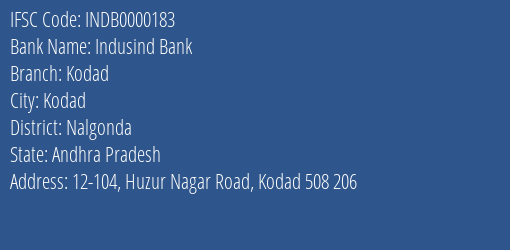 Indusind Bank Kodad Branch Nalgonda IFSC Code INDB0000183