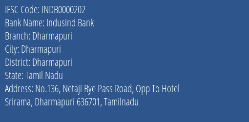 Indusind Bank Dharmapuri Branch Dharmapuri IFSC Code INDB0000202