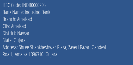 Indusind Bank Amalsad Branch Navsari IFSC Code INDB0000205