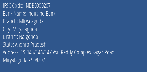 Indusind Bank Miryalaguda Branch Nalgonda IFSC Code INDB0000207