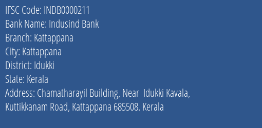 Indusind Bank Kattappana Branch Idukki IFSC Code INDB0000211