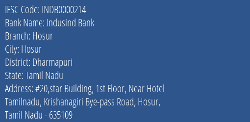 Indusind Bank Hosur Branch Dharmapuri IFSC Code INDB0000214