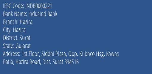 Indusind Bank Hazira Branch Surat IFSC Code INDB0000221