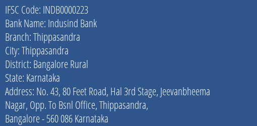 Indusind Bank Thippasandra Branch Bangalore Rural IFSC Code INDB0000223