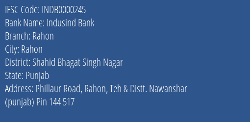 Indusind Bank Rahon Branch Shahid Bhagat Singh Nagar IFSC Code INDB0000245