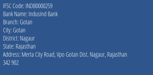 Indusind Bank Gotan Branch, Branch Code 000259 & IFSC Code Indb0000259