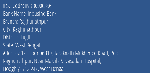 Indusind Bank Raghunathpur Branch Hugli IFSC Code INDB0000396