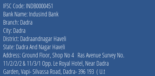 Indusind Bank Dadra Branch Dadraandnagar Haveli IFSC Code INDB0000451