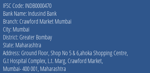 Indusind Bank Crawford Market Mumbai Branch, Branch Code 000470 & IFSC Code Indb0000470