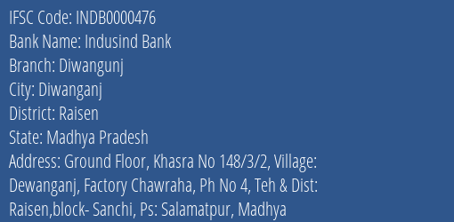 Indusind Bank Diwangunj Branch, Branch Code 000476 & IFSC Code INDB0000476