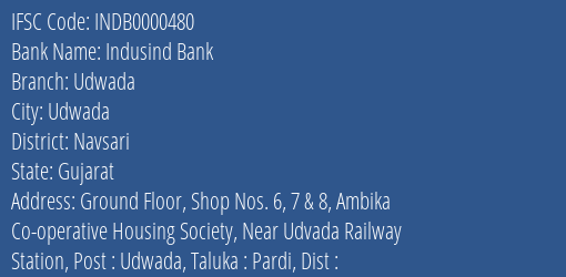 Indusind Bank Udwada Branch Navsari IFSC Code INDB0000480