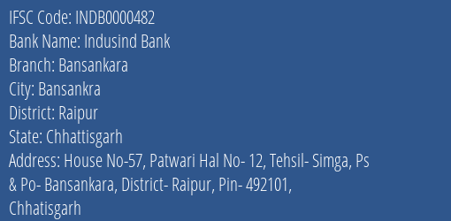Indusind Bank Bansankara Branch Raipur IFSC Code INDB0000482
