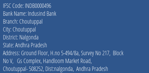 Indusind Bank Choutuppal Branch, Branch Code 000496 & IFSC Code Indb0000496