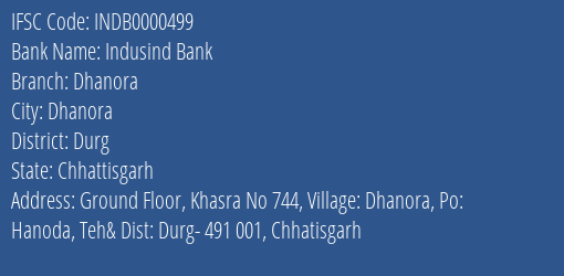 Indusind Bank Dhanora Branch Durg IFSC Code INDB0000499