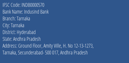 Indusind Bank Tarnaka Branch Hyderabad IFSC Code INDB0000570