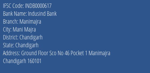 Indusind Bank Manimajra Branch Chandigarh IFSC Code INDB0000617