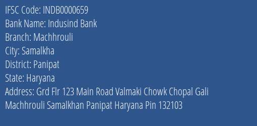 Indusind Bank Machhrouli Branch Panipat IFSC Code INDB0000659