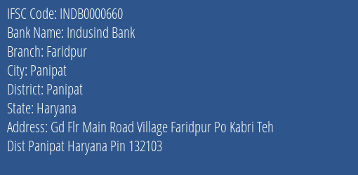 Indusind Bank Faridpur Branch Panipat IFSC Code INDB0000660