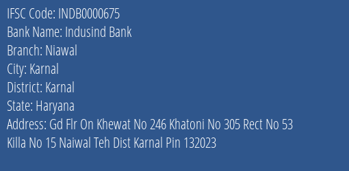 Indusind Bank Niawal Branch Karnal IFSC Code INDB0000675